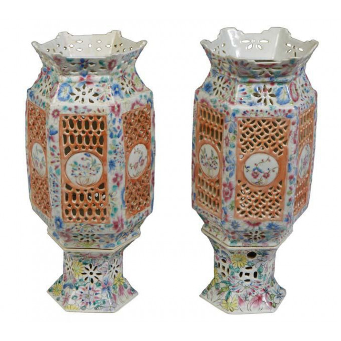 Appraisal: Pair of Oriental Porcelain Famille Rose Candle Lanterns th c