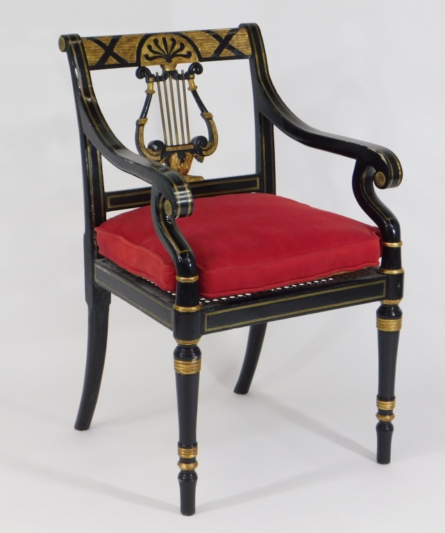 Appraisal: C FRENCH DIRECTOIRE LYRE BACK ARM CHAIR France th CenturyBlack