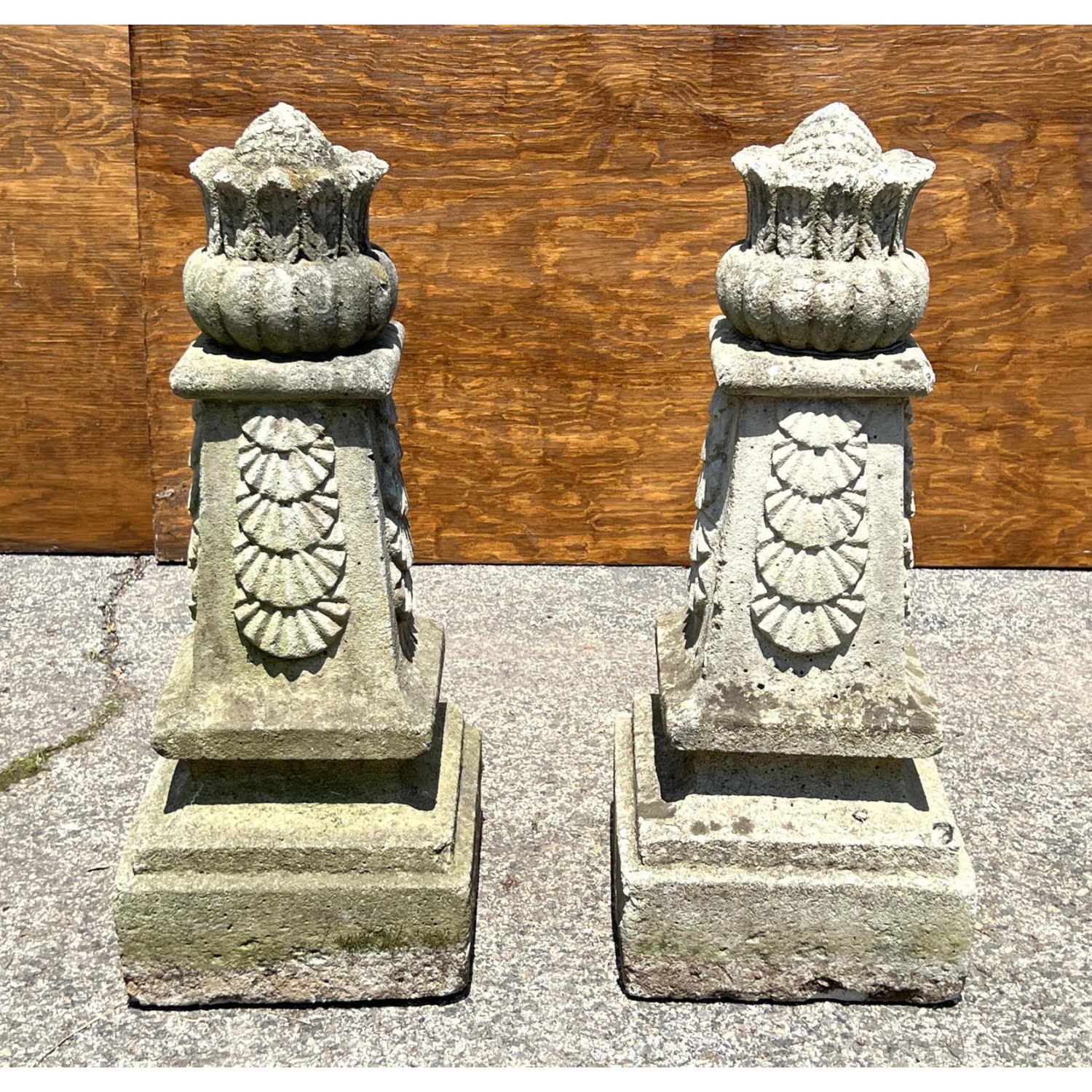 Appraisal: Pr Vintage Outdoor Heavy Cast Concrete Obelisks Layered shell design