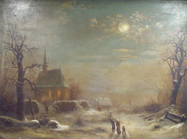 Appraisal: Large oil onto canvas of figures attending a snow covered