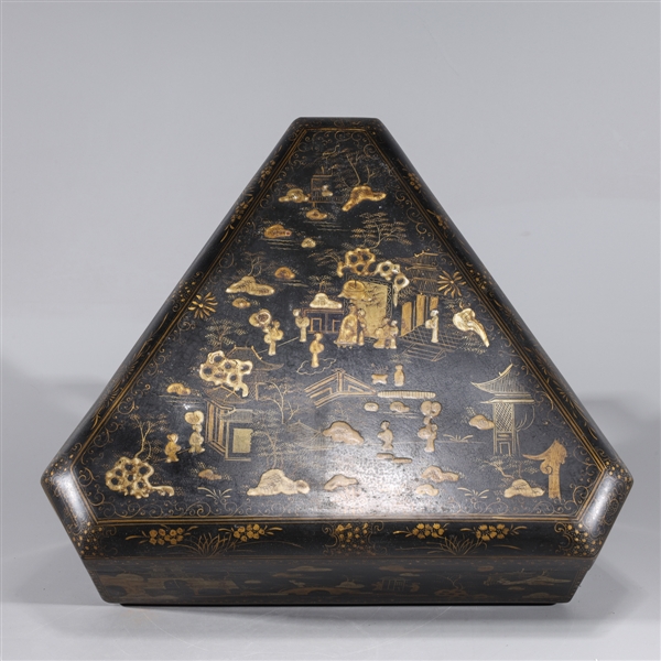 Appraisal: Chinese gilt lacquer triangular box with landscape and figures overall