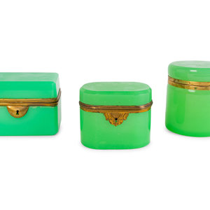 Appraisal: Three French Opaline Glass Covered Boxes TH CENTURY Largest height