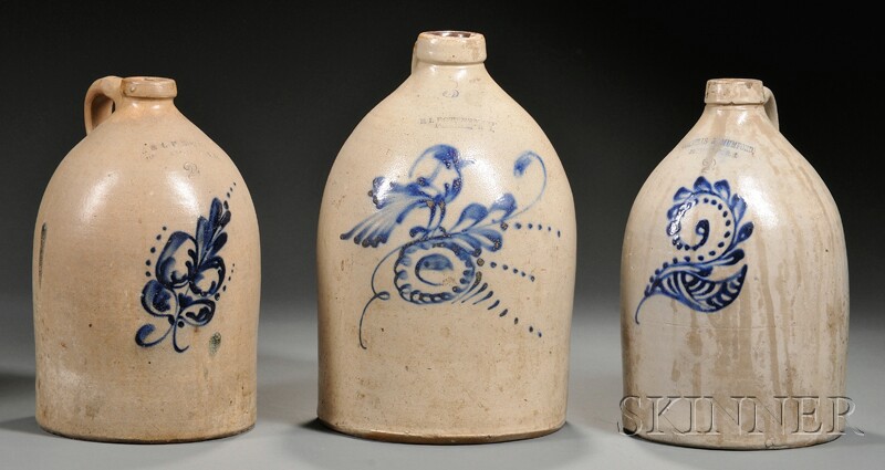 Appraisal: Three Cobalt-decorated Stoneware Jugs Rhode Island and Vermont late th