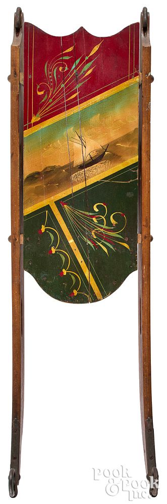 Appraisal: Painted sled with sailing ship and red and green Painted