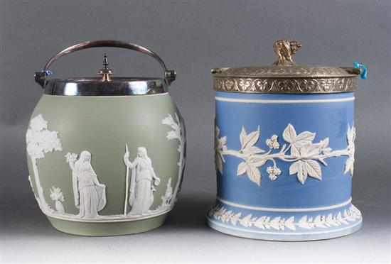 Appraisal: Two Wedgwood silver plated-mounted jasperware biscuit jars late th th