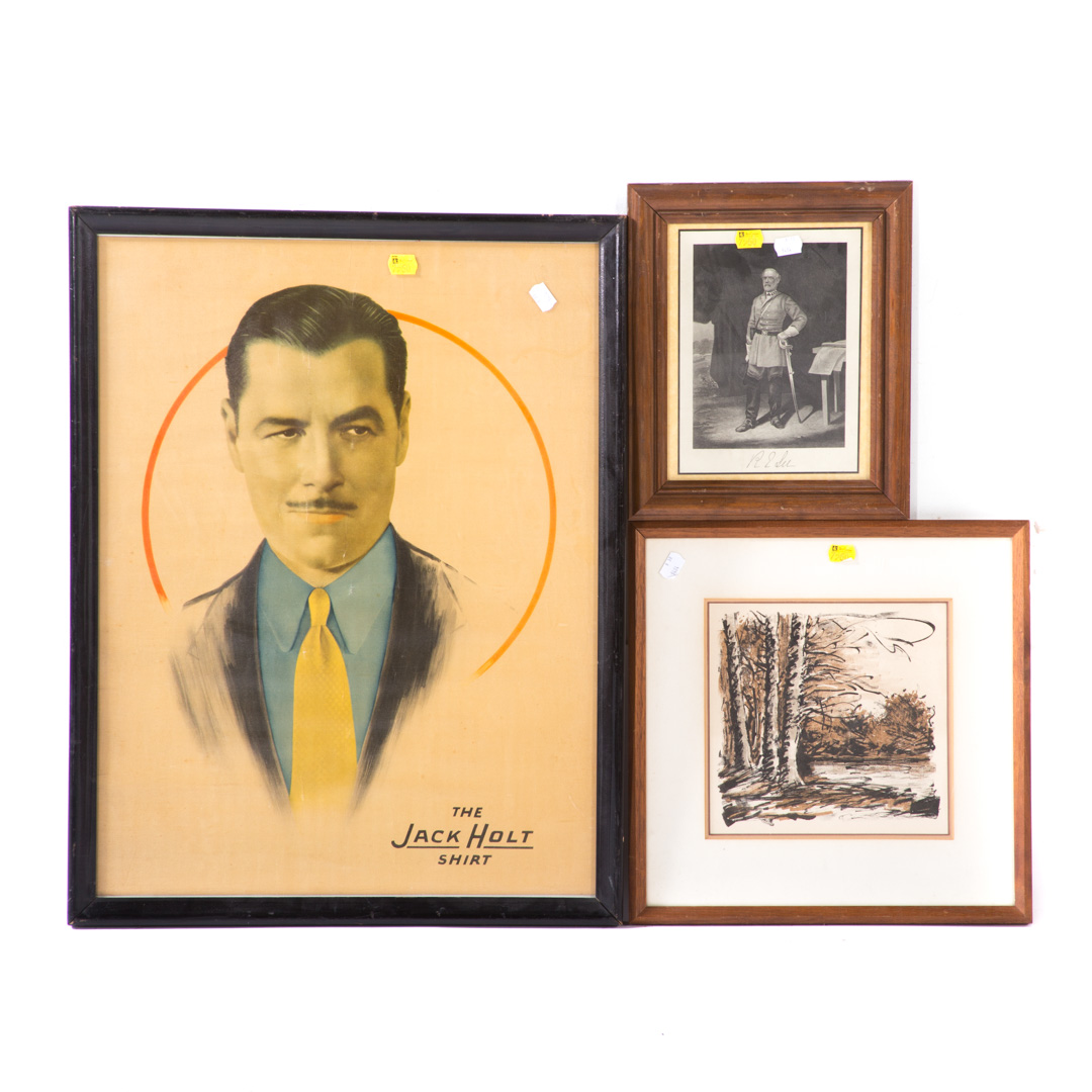 Appraisal: Three framed works including Jack Holt shirt advertisement print of