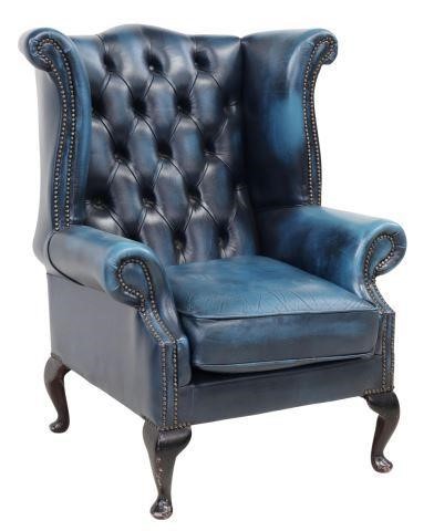 Appraisal: English Queen Anne style wingback armchair th c in blue