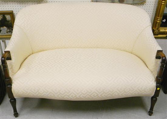 Appraisal: Sheraton style settee geometric patterned white on white upholstery wood