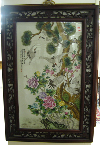 Appraisal: TWO CHINESE PAINTINGS ON PORCELAIN each hand painted with exotic