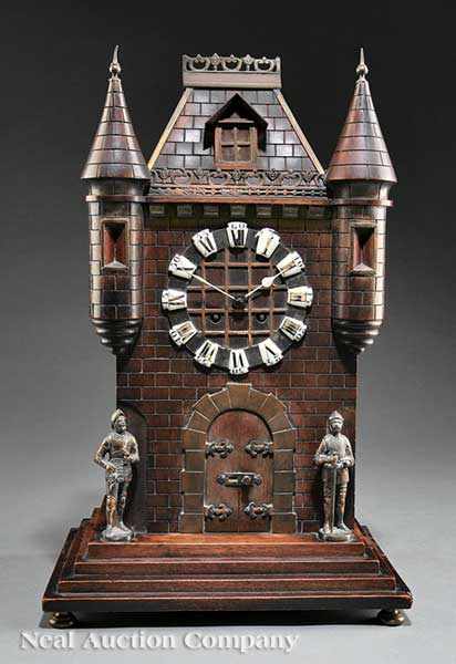 Appraisal: A Napoleon III Carved Walnut and Brass Inlaid Chateau Clock