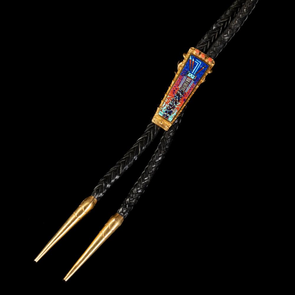 Appraisal: CARL IRENE CLARK YELLOW GOLD AND MICRO-MOSAIC INLAY BOLO TIECarl