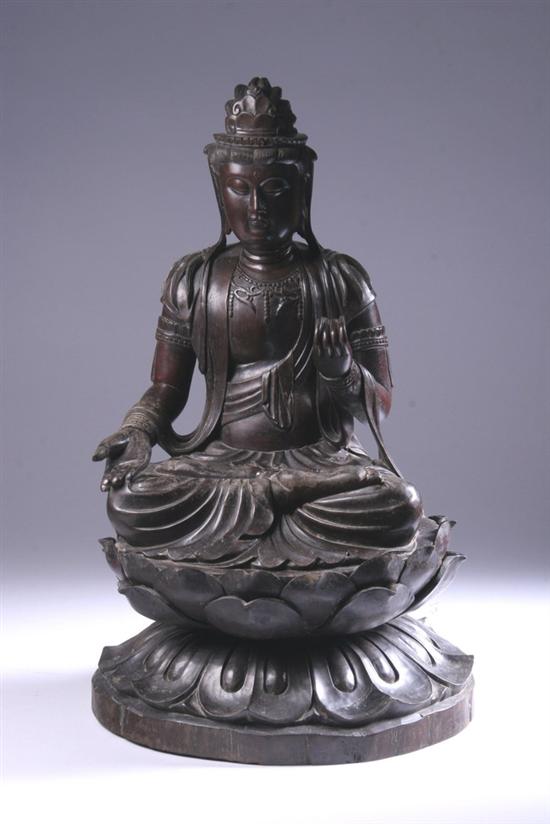 Appraisal: CHINESE ROSEWOOD CARVED BUDDHA th century Seated on lotus petal