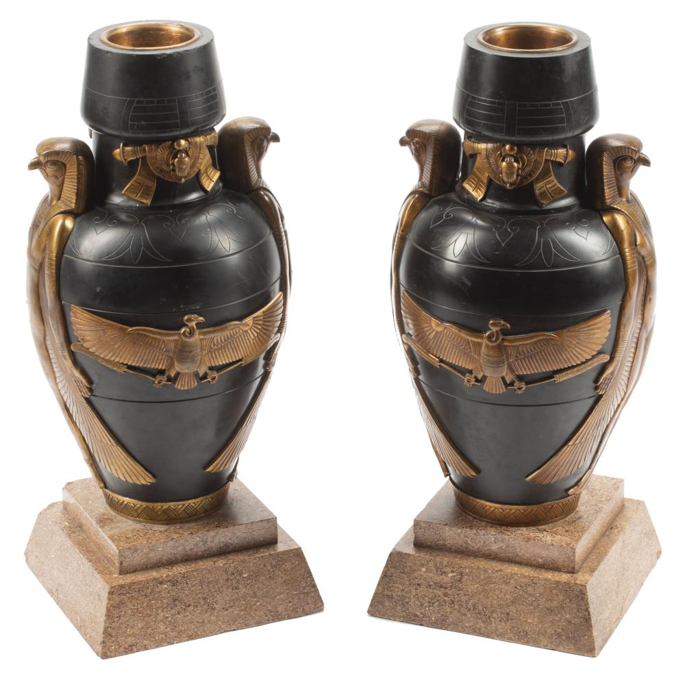 Appraisal: Pair of French Egyptianesque Bronze-Mounted Marble Urns mounted with gods