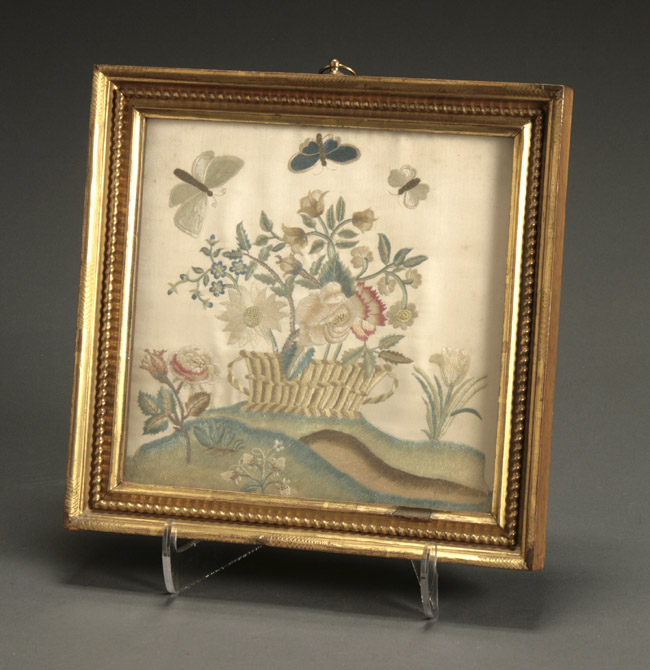 Appraisal: Silk Needlework Picture of a Basket of Flowers with Butterflies