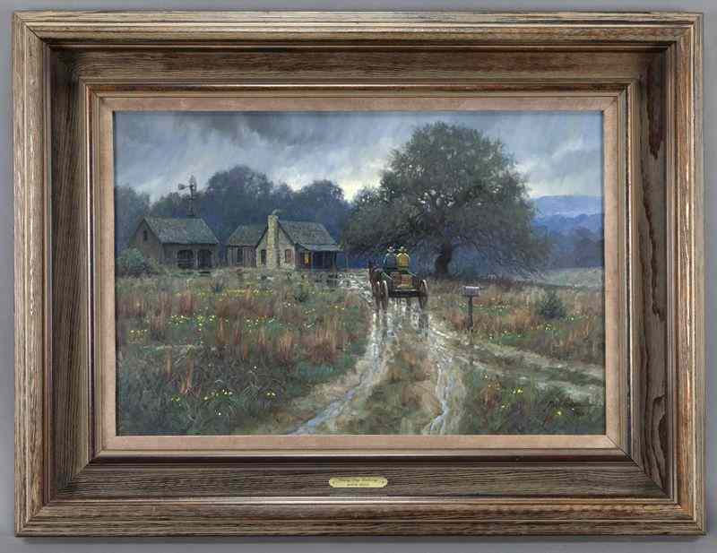 Appraisal: Martin Grelle ''Rainy Day Delivery'' oil on canvas Signed and