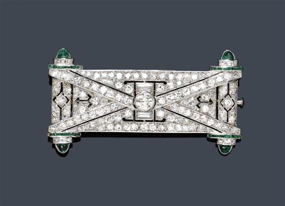 Appraisal: DIAMOND AND EMERALD BROOCH ca Platinum Rectangular fine geometrically open-worked