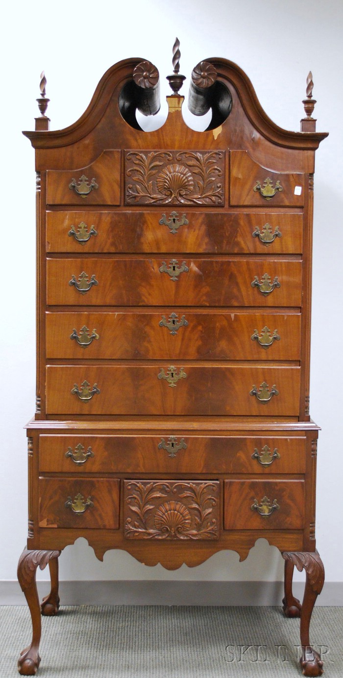 Appraisal: Chippendale-style Carved Mahogany and Mahogany Veneer Bonnet-top Highboy ht wd