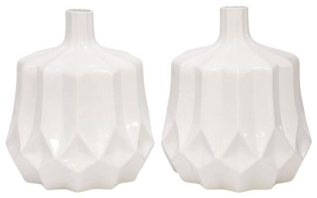 Appraisal: pair Contemporary white porcelain vases fluted neck over geometric-form body