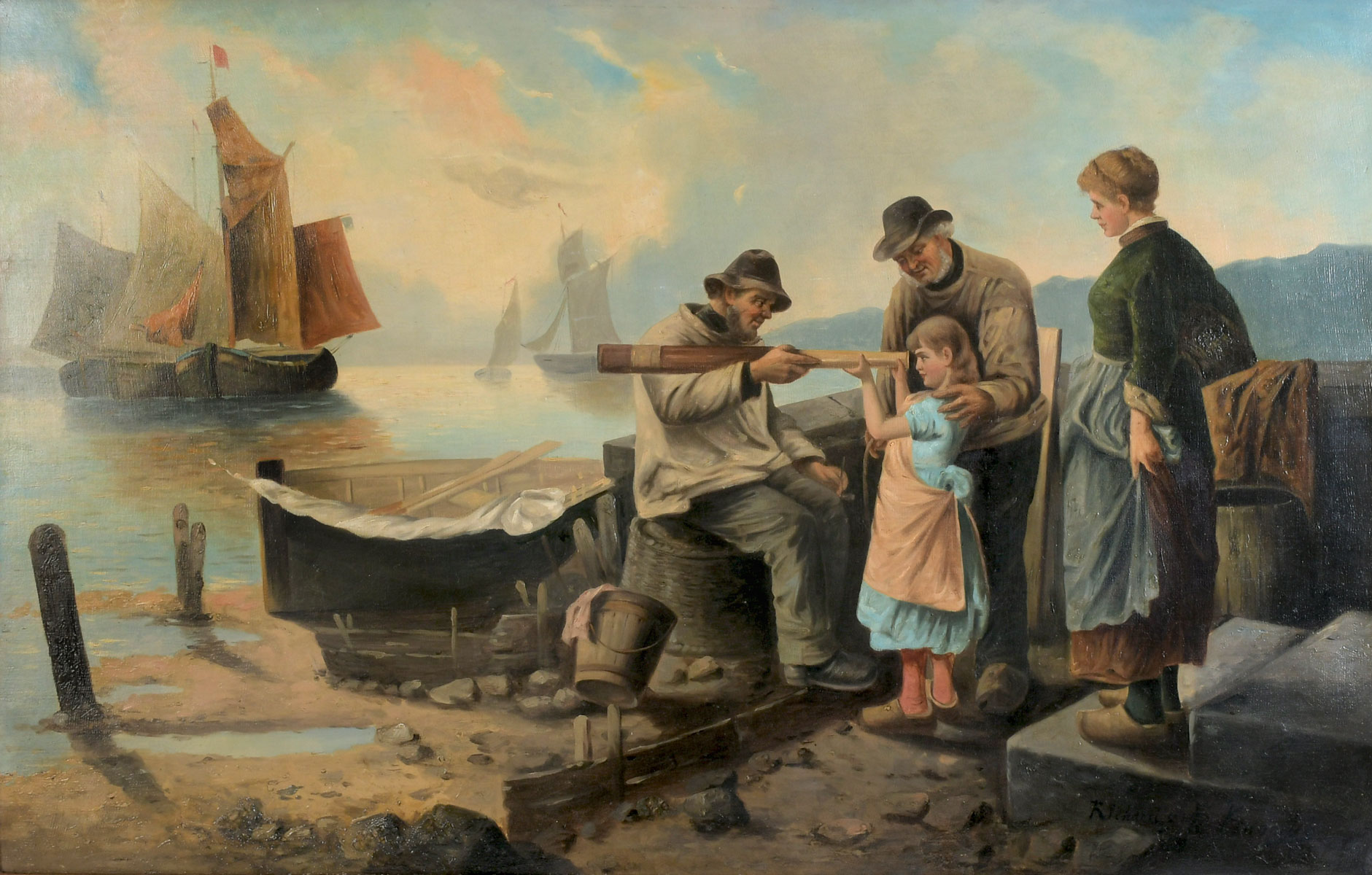 Appraisal: R E KNOWLES GENRE PAINTING ''Can You See Daddy's Boat