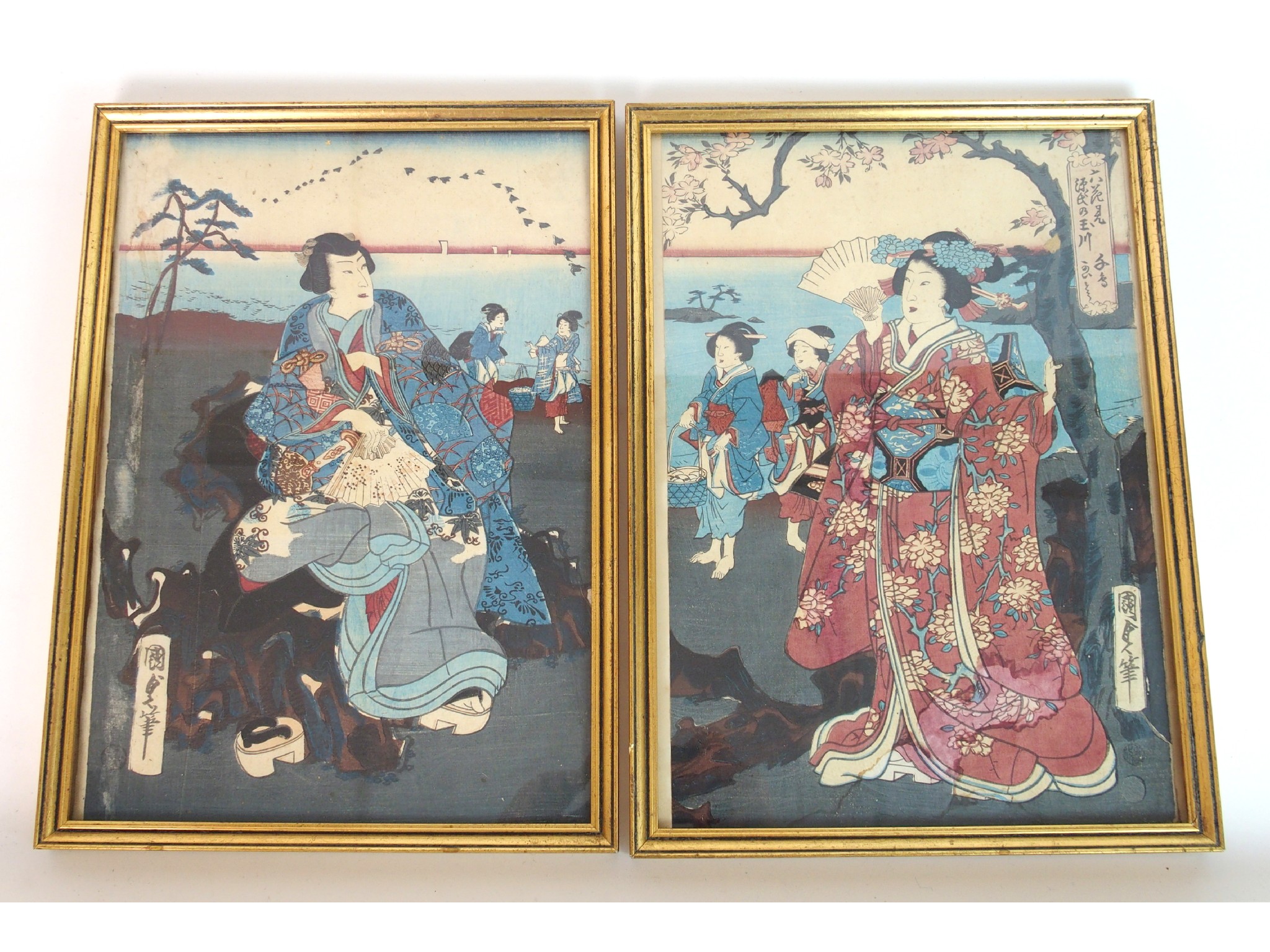 Appraisal: Three Japanese woodblock printsdepicting beauties in gardens x cm and