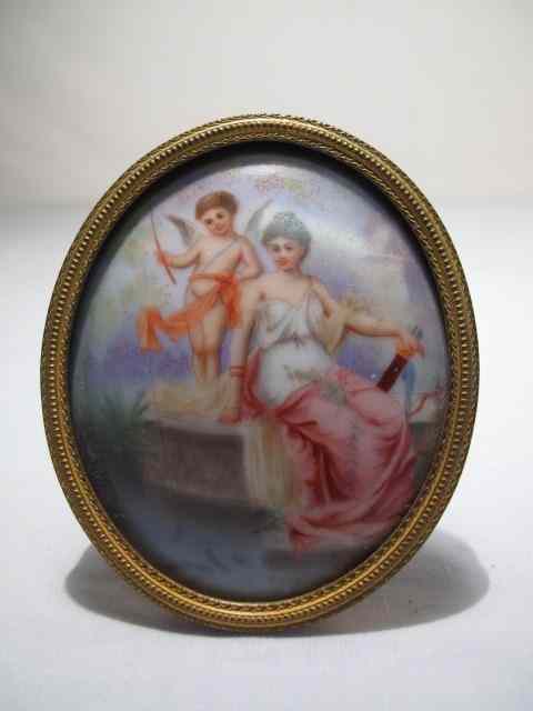 Appraisal: Miniature hand painted porcelain in oval bronze frame Measures ''