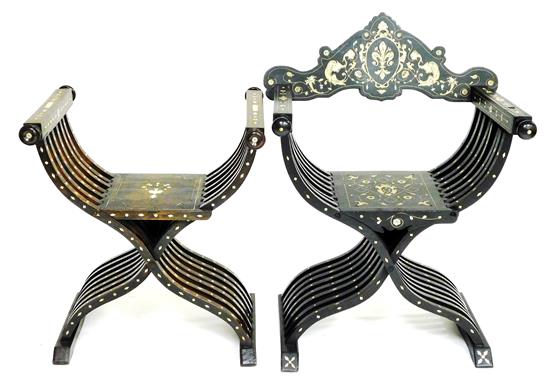 Appraisal: Two Savonarola form chairs with bone inlay first chair with