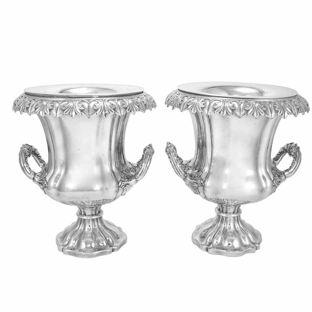 Appraisal: Pair of William IV Silver Plated Wine Coolers Second quarter