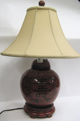 Appraisal: PAIR CHINESE TABLE LAMPS brick red glazed pottery painted with