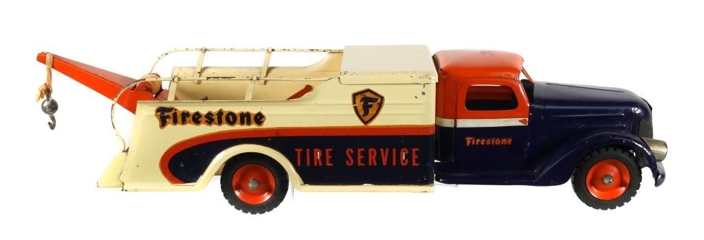 Appraisal: VINTAGE BUDDY L FIRESTONE TIRE TOY TOW TRUCKVintage pressed steel