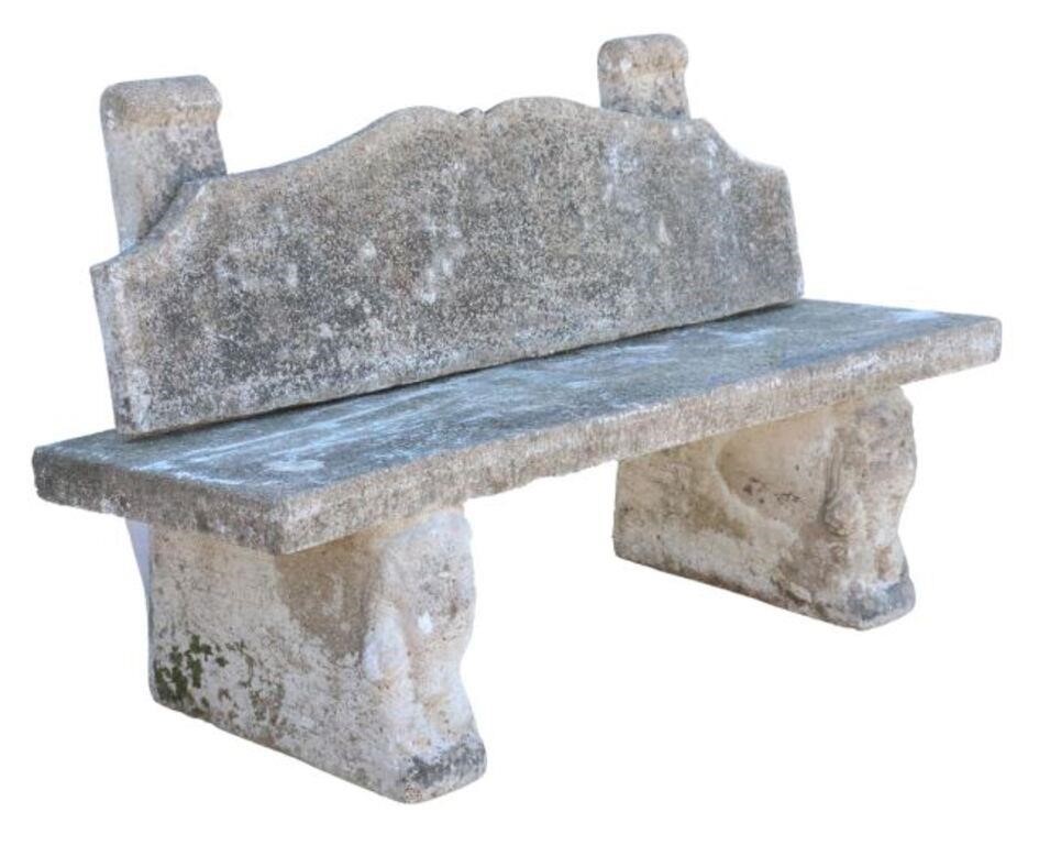 Appraisal: Carved stone garden bench rolled and tapered back supports over