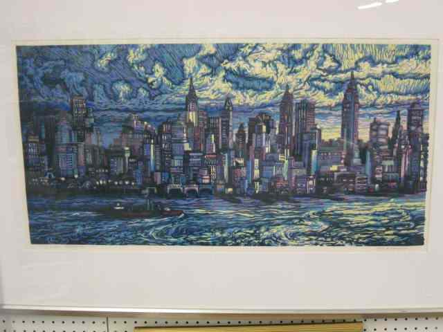 Appraisal: Mark Mulfinger linocut on paper ''N Y Skyline'' of image