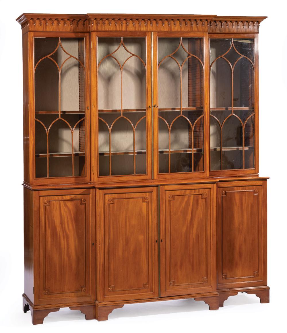 Appraisal: George III-Style Carved Mahogany Breakfront Bookcase late th c lancet-molded