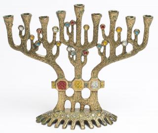 Appraisal: Chen Hebron Israeli Modern Brass Chanukah Menorah Judaica cold-painted brass