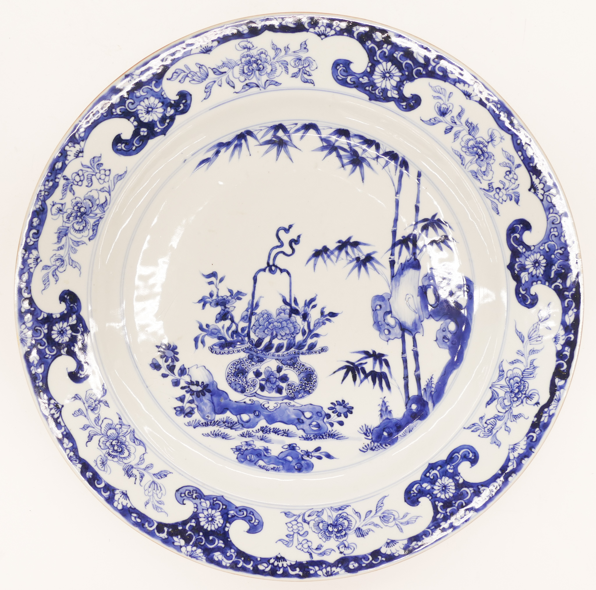 Appraisal: Chinese Kangxi ''Flower Basket Landscape'' Blue White Porcelain Charger ''x