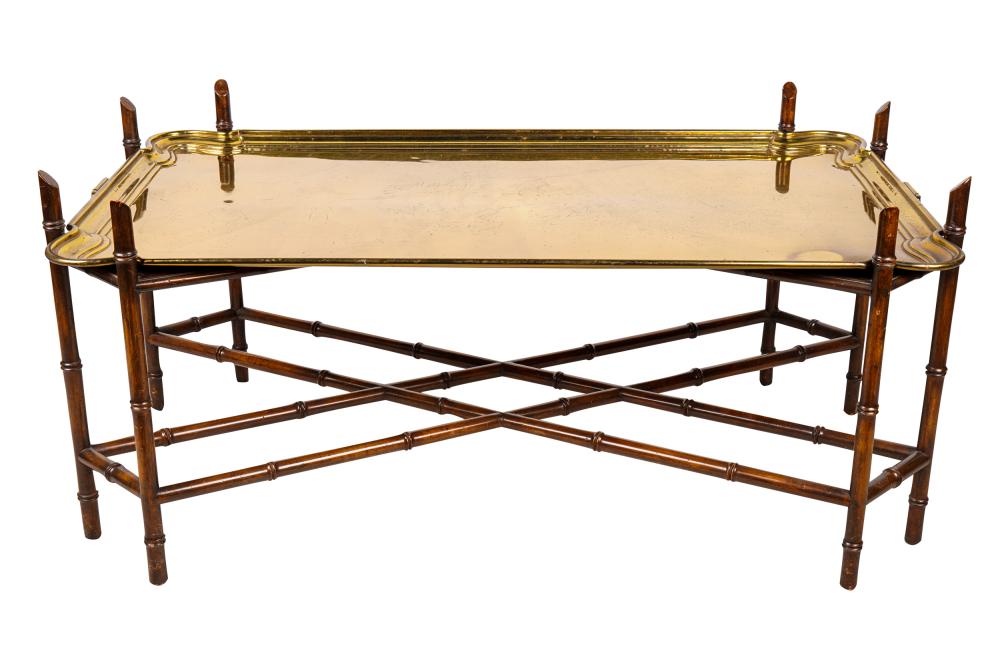 Appraisal: BRASS TRAY-TOP COFFEE TABLEthe rectangular tray with molded rim and