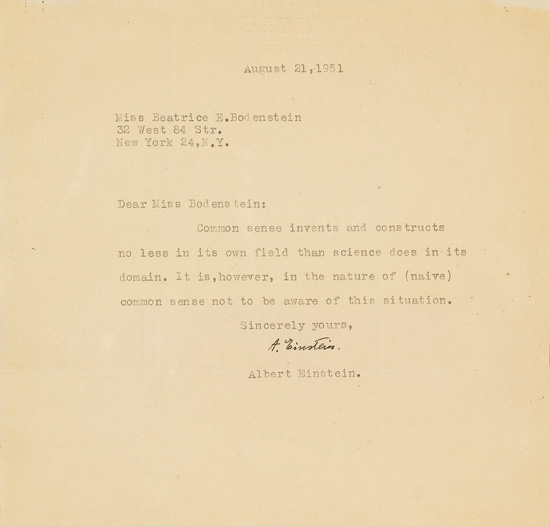 Appraisal: COMMON SENSE VS SCIENCE EINSTEIN ALBERT Typed Quotation Signed A