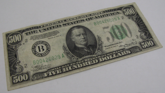 Appraisal: U S FIVE HUNDRED DOLLAR BILL Federal Reserve Note series