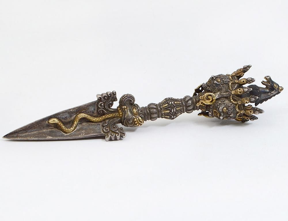 Appraisal: SINO-TIBETIAN GILT BRONZE VADJRA DAGGER th th Century Cast with