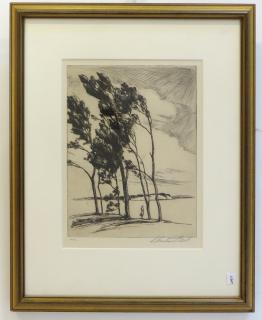 Appraisal: Christian Dull American Born Etching Titled West Wind and framed