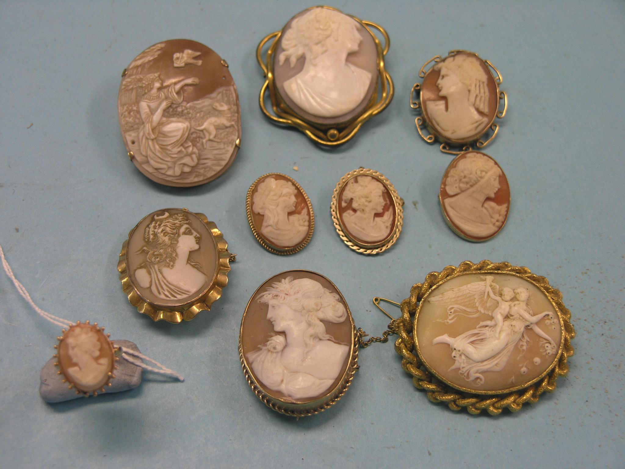 Appraisal: Ten cameo brooches on a variety of gold and yellow