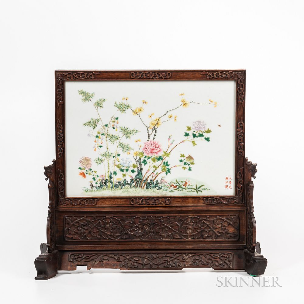 Appraisal: Famille Rose Plaque Mounted as a Table Screen Famille Rose