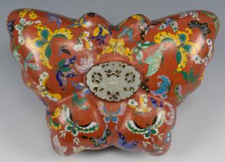 Appraisal: Chinese Cloisonne Butterfly Form Box w Jade Insert Chinese cloisonne