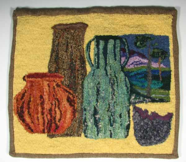 Appraisal: Hand hooked rug featuring pottery made of linen and wool