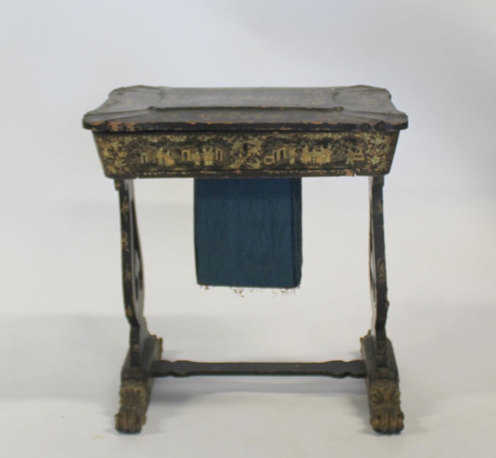 Appraisal: Antique Chinoiserie Decorated Sewing On Stand With Contents From a