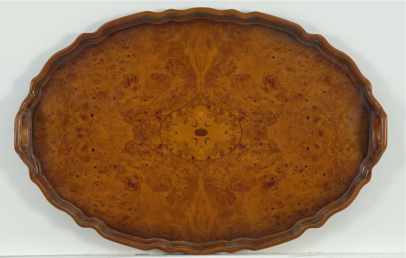 Appraisal: OVAL REGENCY-STYLE TWO-HANDLED SERVING TRAY In burled walnut with central