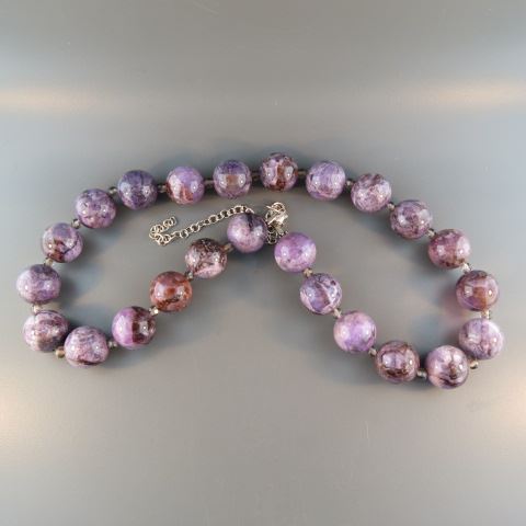 Appraisal: Gemstone Necklace purple beads sterling silver clasp long