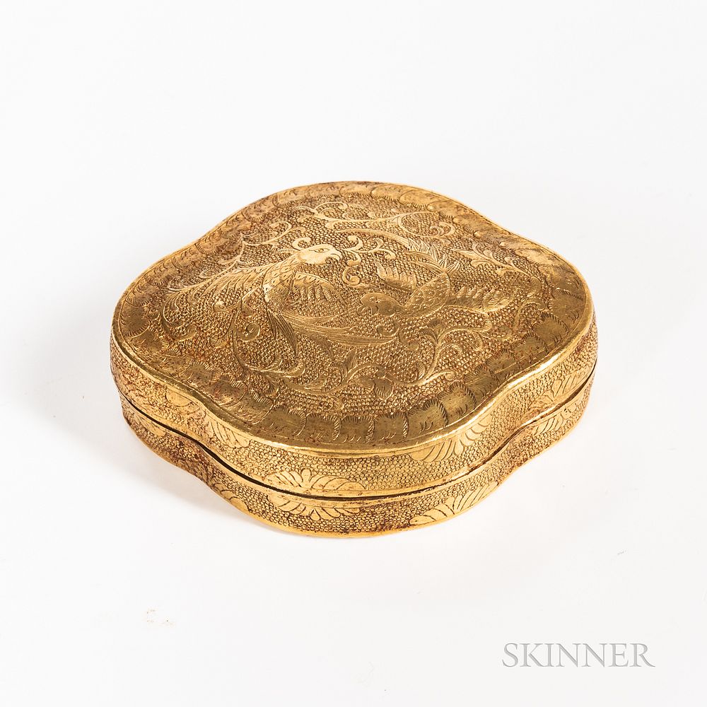 Appraisal: Parcel-gilt Silver Box Parcel-gilt Silver Box China compressed quatrefoil form