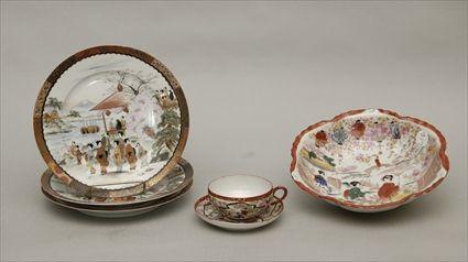 Appraisal: Hand-Painted Japanese Porcelain Cup and Saucer Three Plates and a