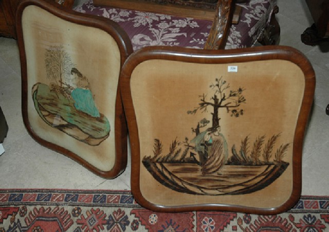 Appraisal: A PAIR OF PAINTED SILK SCREENS Each of shaped rectangular