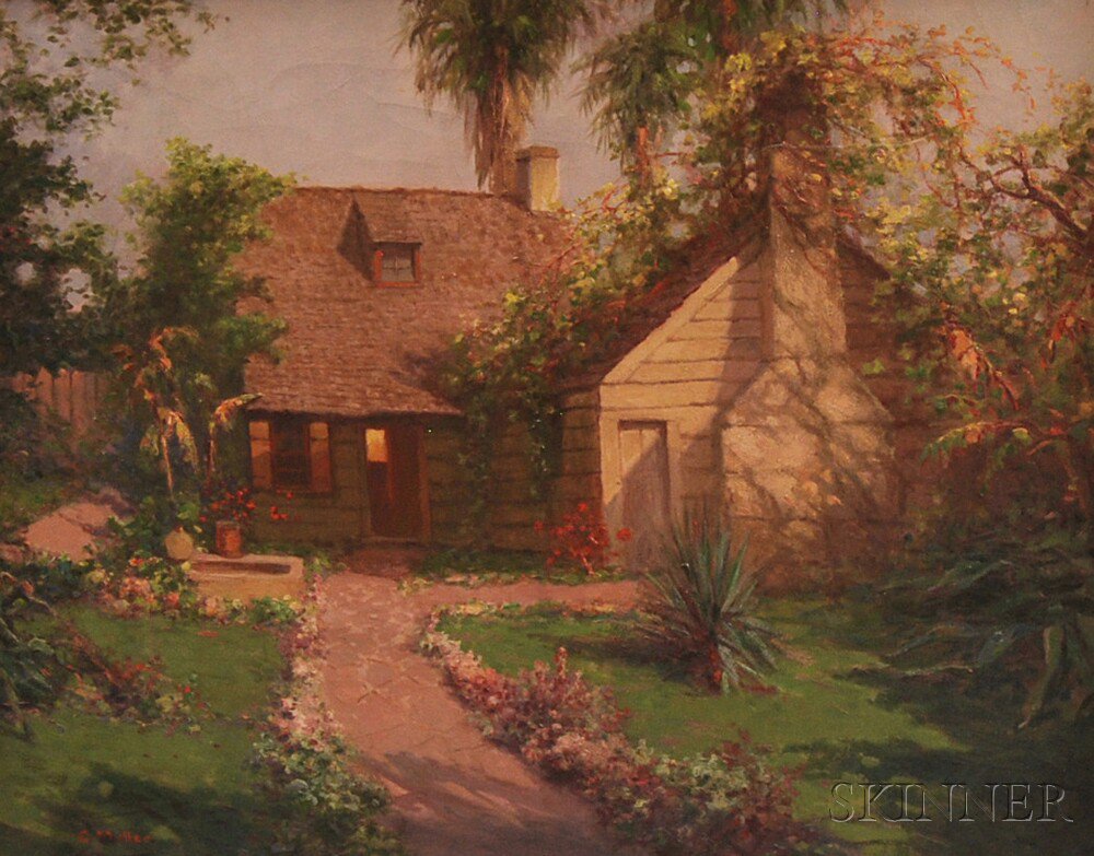 Appraisal: American School th Century House Portrait with Flowers and Palm